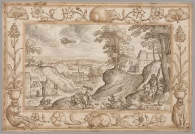 Hans Bol, Landscape with the Sacrifice of Isaac within a Decorative Border of Plants and Animals