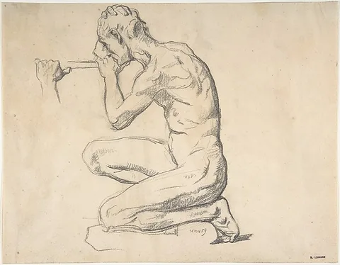 Henri Lehmann, Kneeling Nude Male Figure, Facing Left