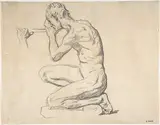 Henri Lehmann, Kneeling Nude Male Figure, Facing Left