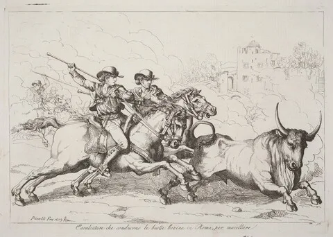 Bartolomeo Pinelli, Cavalcature che conducono le bestie bovine in Roma, per macellare (Cattle Driven to the Slaughter in Rome) (Plate 16)