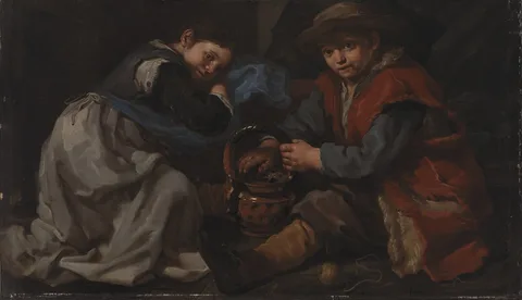 Bernhard Keil, En pige og en dreng, der varmer sig ved et kulbækken