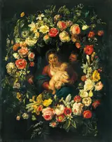 Frans Ykens, Holy Family in a Wreath of Flowers