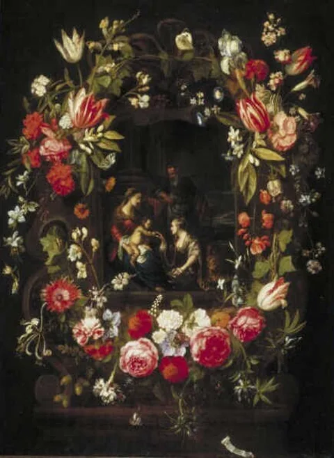 Frans Ykens, Flower Wreath with the Mystical Marriage of Saint Catherine