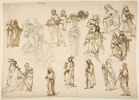 Francesco Vanni, Figure Studies: Standing and Kneeling Clerics and Religious, Adam and Eve, and a Reclining Skeleton