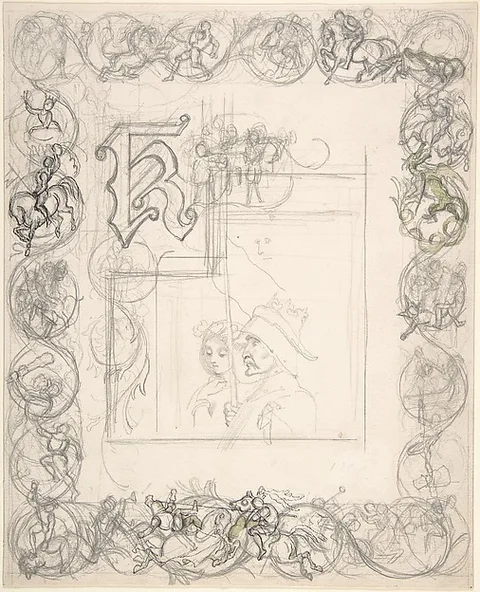 Richard Doyle, Border design with knights, ladies and dragons (recto); Sketches for border elements (verso)