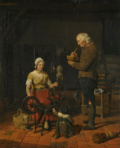 Cornelis Kruseman, Interior with Peasant Family and Sleeping Cat