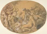 Joseph Heintz the Elder, Satyrs and Nymphs; verso: partial counterproof of Heintz's "Studies for the Flight into Egypt" in The Courtauld Gallery, London