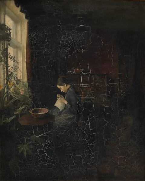 Carl Holsøe, Interior with a Girl Sewing