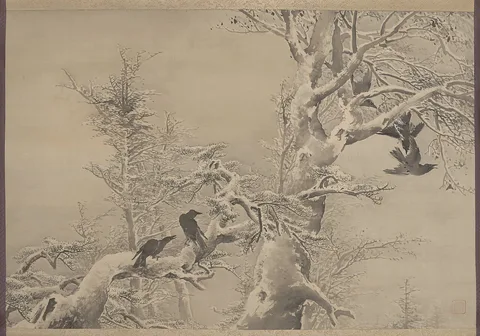Kōno Bairei, Five Crows in a Snowy Tree