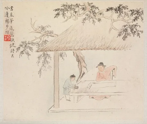Hua Yan, Album of Landscape Paintings Illustrating Old Poems: A Scholar at a Table with a Servant aside Preparing the Ink