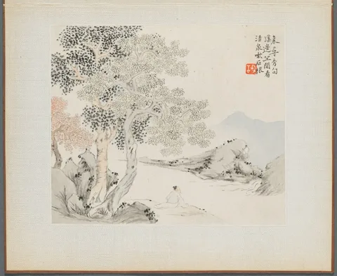 Hua Yan, Album of Landscape Paintings Illustrating Old Poems:  Three Big Trees, a Stream with an Old Man Sitting on the Bank
