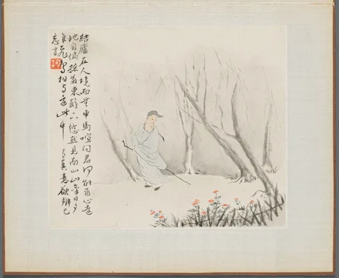 Hua Yan, Album of Landscape Paintings Illustrating Old Poems:  Man with a Staff Admires Chrysanthemums at a Fence