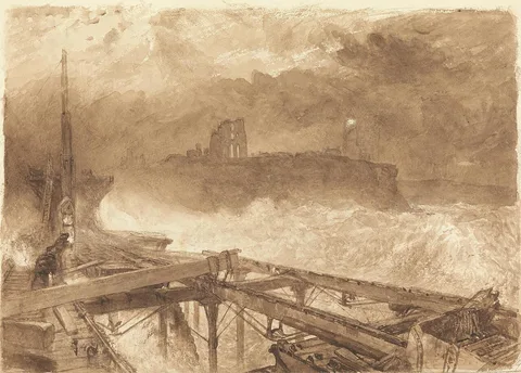 Alfred William Hunt, Study for Tynemouth Pier - Lighting the Lamps at Sundown