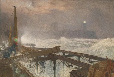 Alfred William Hunt, Tynemouth Pier - Lighting the Lamps at Sundown