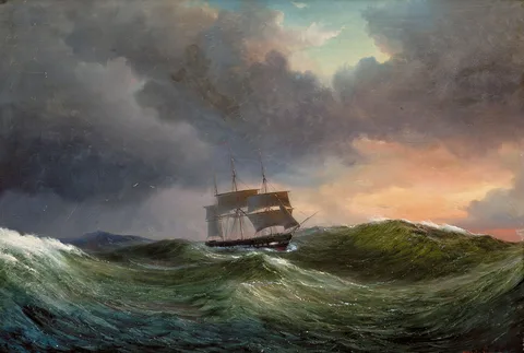 Vilhelm Melbye, A frigate in rough weather at sunset.