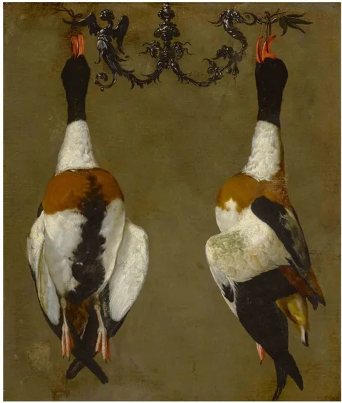 Cesare Dandini, Still life of two shelducks hanging from their bills