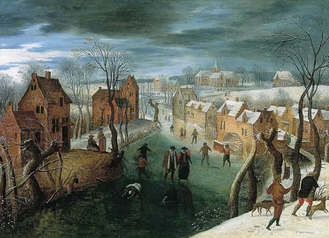 Jacob Grimmer, A Winter Landscape with a Village, Skaters on a Frozen River, and  Hunters in the Foreground