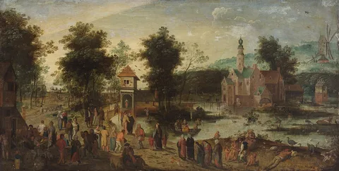 Jacob Grimmer, Landscape with castle and tavern