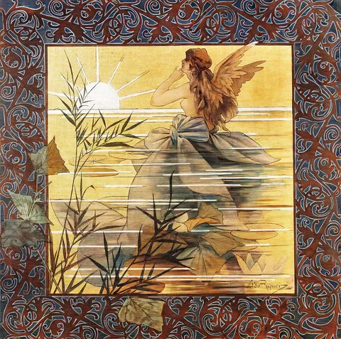 Alexandre de Riquer, Composition with winged nymph at sunrise