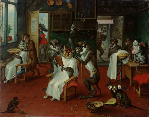 Abraham Teniers, Barbershop with monkeys and cats