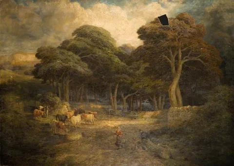Edward Hargitt, Landscape with Cattle and Women Feeding Hens