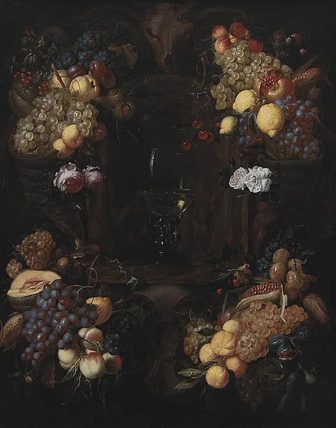 Alexander Coosemans, Cartouche with Garlands of Fruit and a Wine Glass