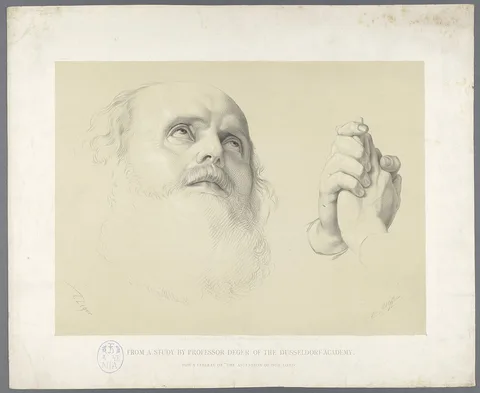Ernst Deger, Academic print: head of a bearded man (left) study of folded hands (right)