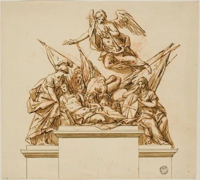 John Michael Rysbrack, Warrior Accompanied by Britannia, Minerva, and Fame (recto); Design for the Monument to Nicholas Rowe (verso)