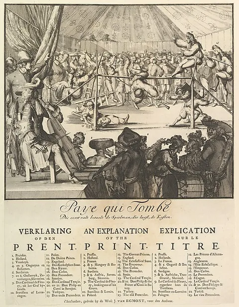 Romeyn de Hooghe, Paye qui Tombe: Die eerst valt betaelt de Speelman, die laest, de Kosten (The Fall of the Country: The First That Falls Pays the Player, the Last the Costs)