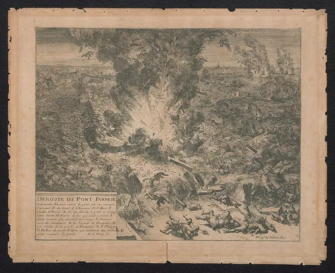 Romeyn de Hooghe, Het opblazen van de schipbrug van Alexander Farnese, de hertog van Parma, over de Schelde in 1585