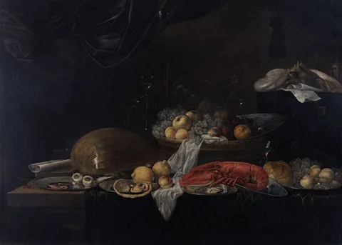 Jan van den Hecke, Still Life with Crustacea, Fruits and a Lute