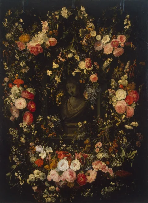 Jan van den Hecke, Bust of the Virgin Framed with a Garland of Flowers