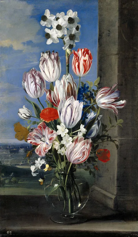Jan van den Hecke, Flowers in a Vase with the Siege of Gravelingen
