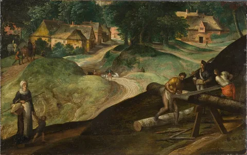 Gillis Mostaert, Landscape with Men Sawing Timber