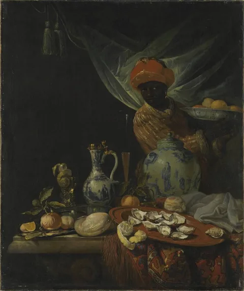 Juriaen van Streeck, Still life with porcelain vessels and a servant