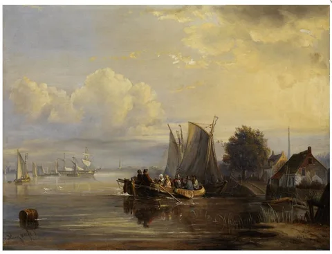 Egide Linnig, Shore landscape with moored sailing boats and a crowded barge