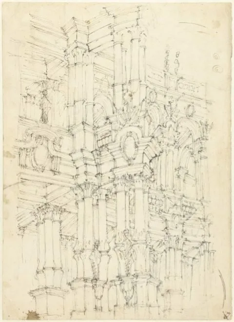 Giuseppe Galli da Bibbiena, Gedeelte van een rijk gedecoreerd interieur met colonnades