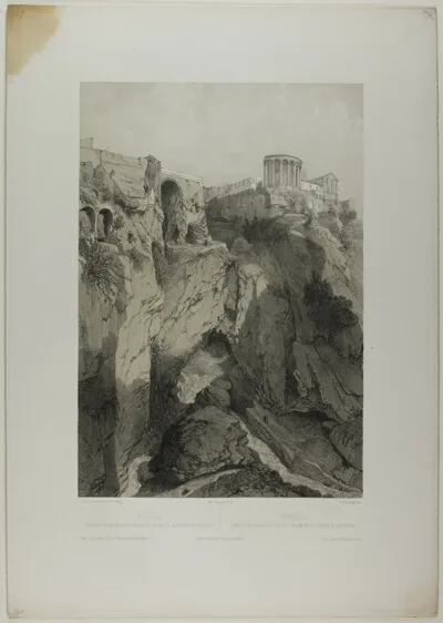 Eugène Ciceri, Tivoli: The Temples of Vesta and the Sibyl, and Ruins of the Grotto of Neptune, plate nineteen from Italie Monumentale et Pittoresque