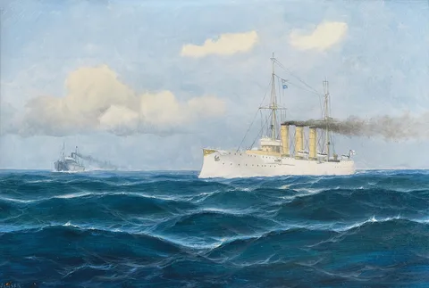 Max Jensen, The cruiser "Nürnberg" gives the order to stop to a merchant ship by flag signals