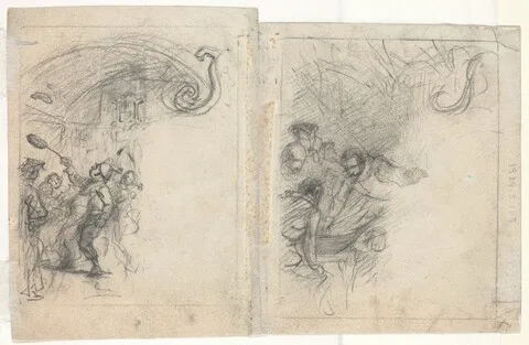 F. O. C. Darley, Chef Tossing Pancakes and Group of Four Men [verso]