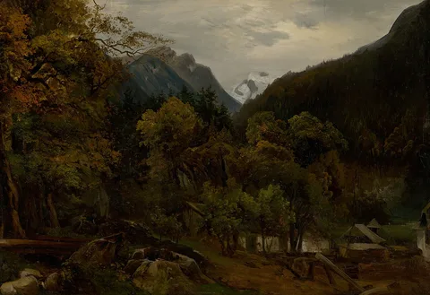 Sándor Brodszky, Mountain Landscape with Wooden Huts