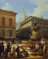 Angelo Inganni, Street View from Milan, the Cathedral in the Background
