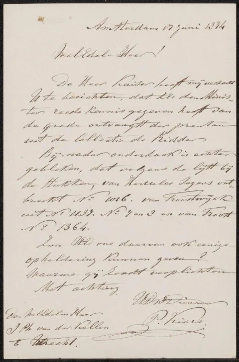 Petrus Kiers, Brief aan Johan Philip van der Kellen