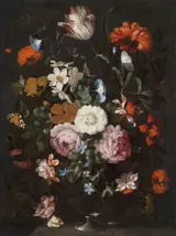 Jan Pieter Brueghel, Floral still life with roses in a glass vase