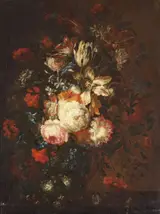 Jan Pieter Brueghel, Roses, tulips, violets and other flowers in a glass vase on a wooden ledge
