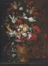 Jan Pieter Brueghel, Roses, tulips, irises and other flowers in a bronze urn on a stone ledge