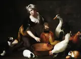 Giovanni Agostino Cassana, A Young Cookmaid watering Poultry, with a Cat and Guinea Pigs