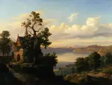 Chrystian Breslauer, Landscape with a lake and a Gothic church.
