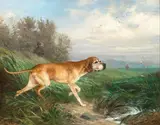 Carl Friedrich Deiker, A Pointing Dog, in the Background a Hunter at the Edge of the Woods