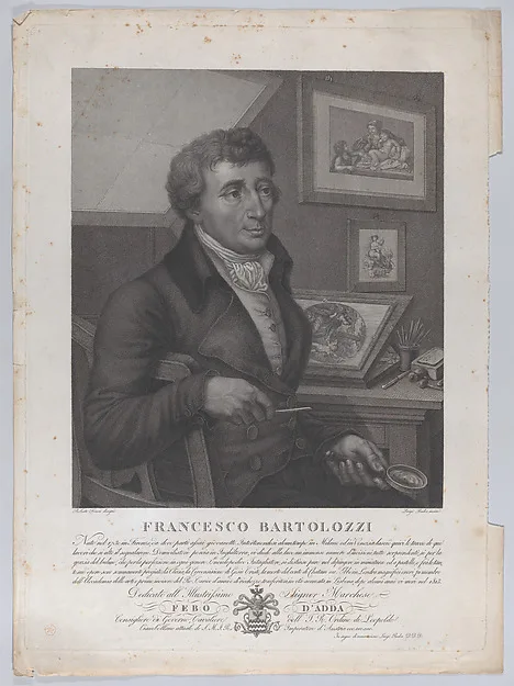 Luigi Rados, Portrait of Francesco Bartolozzi, seated, holding a magnifying glass with printmaking tools and a plate on the desk behind him